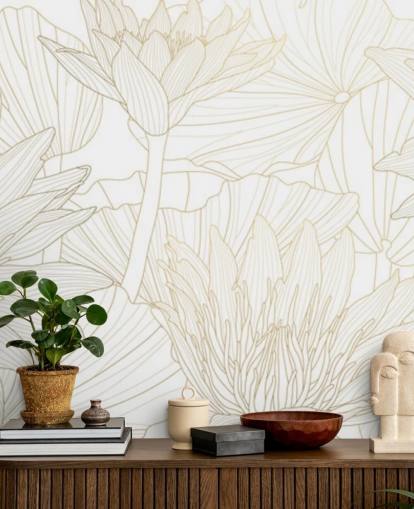 goud en wit gekleurde lijnbloemen behang goud en wit gekleurde lijnbloemen behang