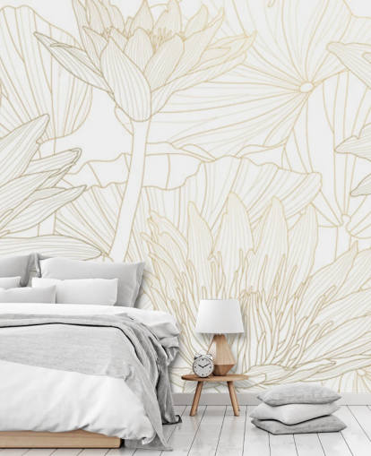gold and white coloured line flowers wallpaper