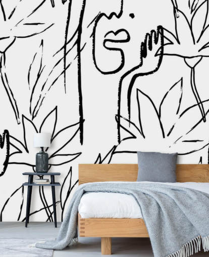 carta da parati line art volti e fiori carta da parati line art volti e fiori