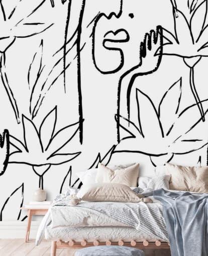 carta da parati line art volti e fiori