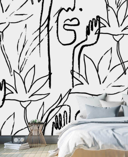 rostos de arte de linha e flores papel de parede