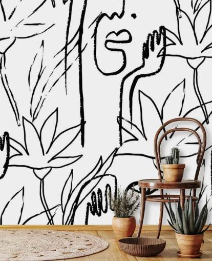 carta da parati line art volti e fiori