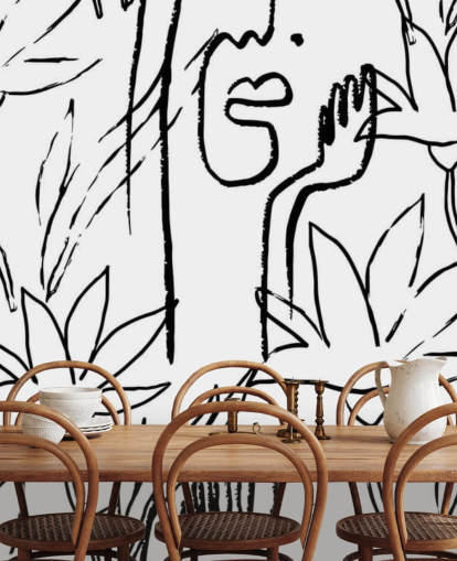 papel pintado de caras y flores de arte lineal papel pintado de caras y flores de arte lineal