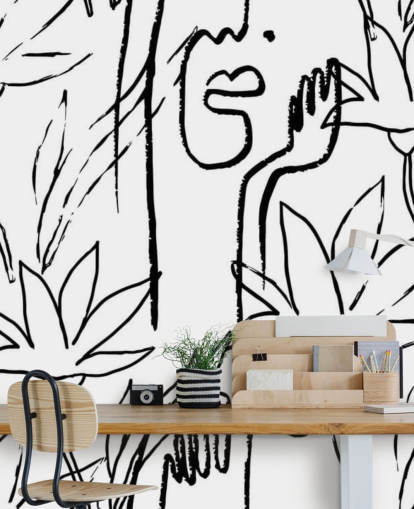 papel pintado de caras y flores de arte lineal