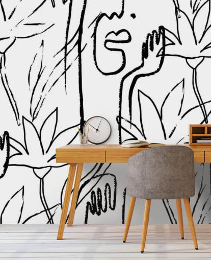line art faces and flowers wallpaper