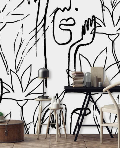 line art kasvot ja kukat tapetti