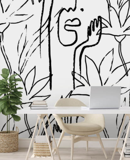 rostos de arte de linha e flores papel de parede