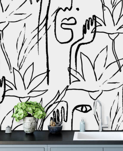 Strichzeichnungen Gesichter und Blumen Tapete