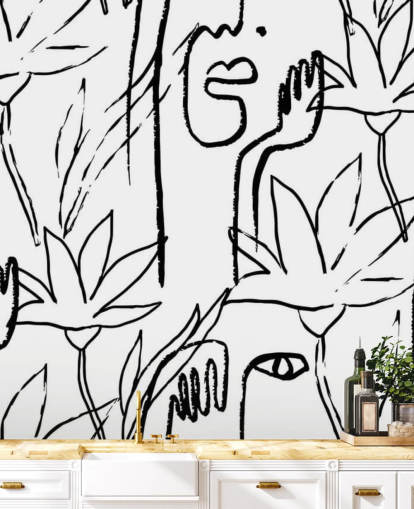 carta da parati line art volti e fiori