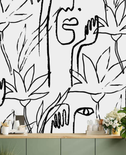 line art faces and flowers wallpaper