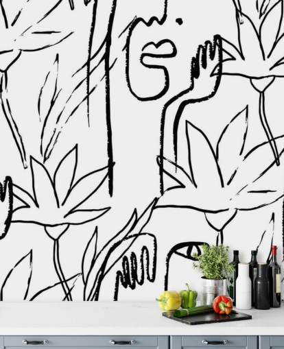 line art faces and flowers wallpaper
