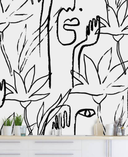 line art faces and flowers wallpaper