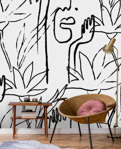 line kunst ansigter og blomster tapet