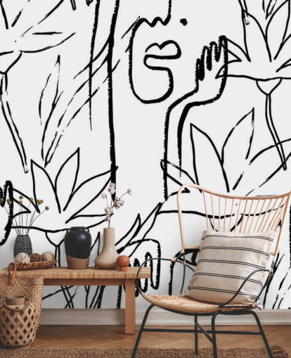 papel pintado de caras y flores de arte lineal