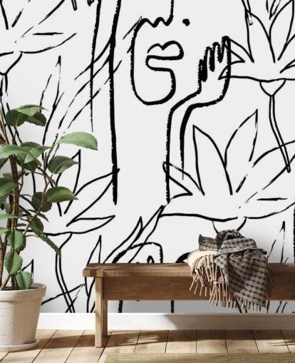 line art faces and flowers wallpaper