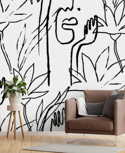 line art faces and flowers wallpaper
