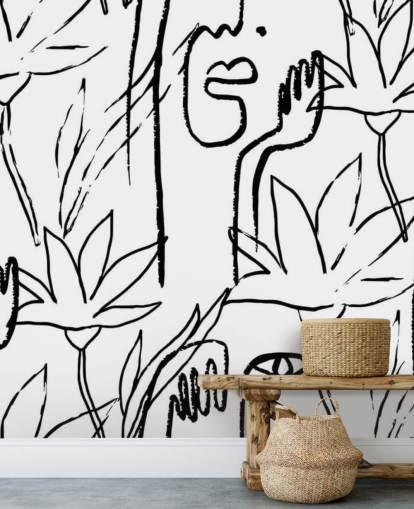 papel pintado de caras y flores de arte lineal