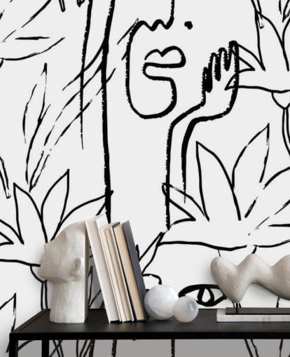 carta da parati line art volti e fiori