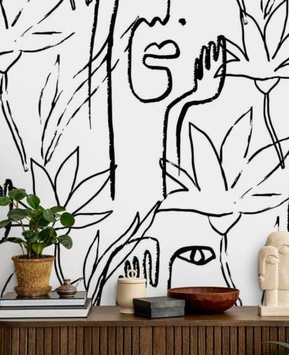 line art faces and flowers wallpaper