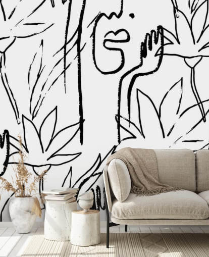 carta da parati line art volti e fiori