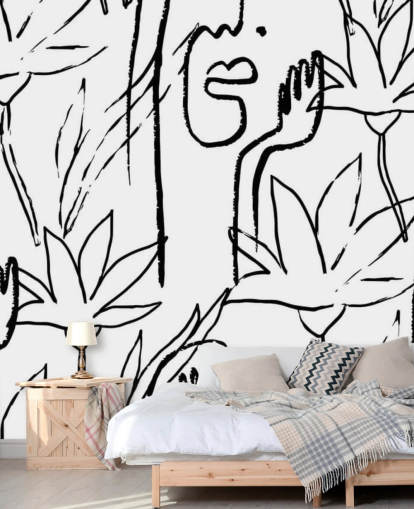 line art faces and flowers wallpaper