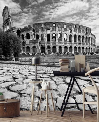 Black and White Photo of Colosseum in Rome Wallpaper