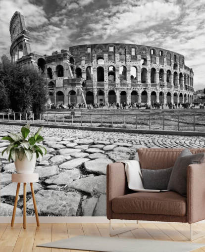 Black and White Photo of Colosseum in Rome Wallpaper