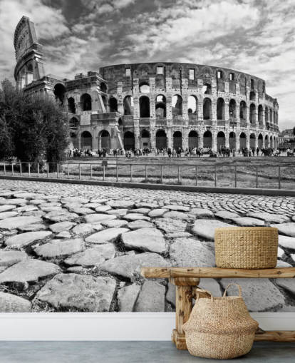Foto em preto e branco do Coliseu em Roma