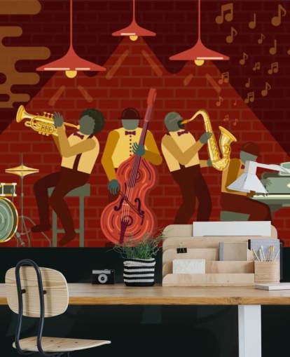 abstracte mensen die instrumenten bespelen op een jazzpodium behang