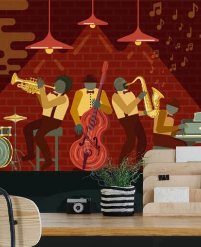 gente abstracta tocando instrumentos en un fondo de pantalla de jazz