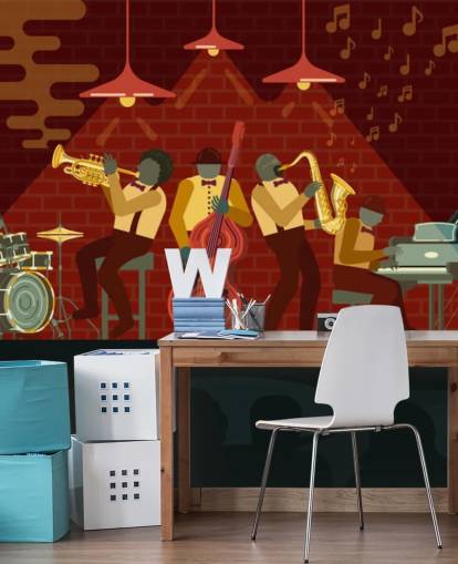 abstract people playing instruments on a jazz stage wallpaper