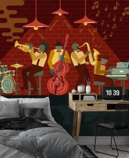 abstracte mensen die instrumenten bespelen op een jazzpodium behang