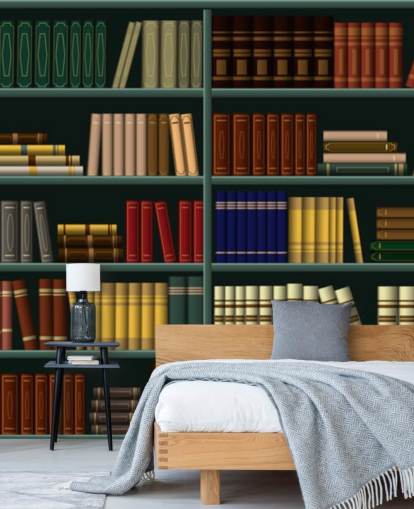 yellow, red and green books on green shelf wallpaper