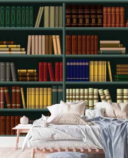 libros amarillos, rojos y verdes sobre papel tapiz verde