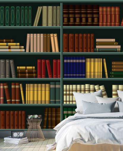 libros amarillos, rojos y verdes sobre papel tapiz verde