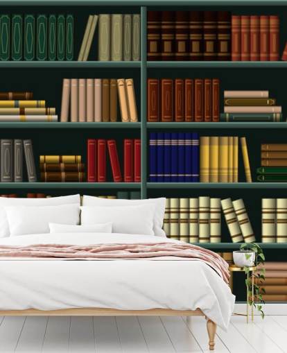 yellow, red and green books on green shelf wallpaper