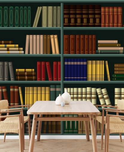 gele, rode en groene boeken op groen plankbehang