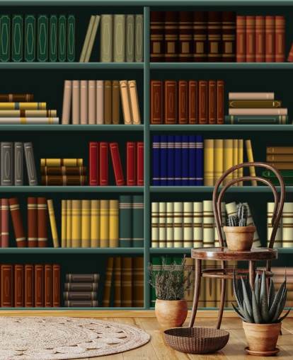 livros amarelos, vermelhos e verdes no papel de parede de prateleira verde livros amarelos, vermelhos e verdes no papel de parede de prateleira verde