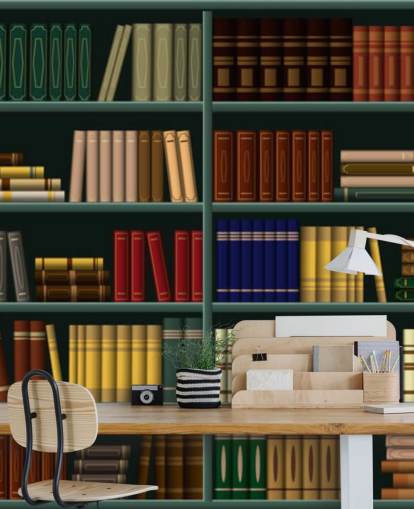 libri gialli, rossi e verdi su carta da parati verde