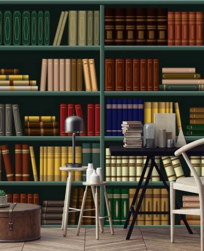livros amarelos, vermelhos e verdes no papel de parede de prateleira verde