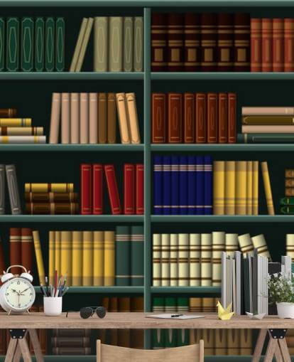 gelbe, rote und grüne Bücher auf grüner Regaltapete