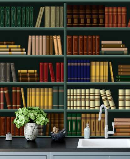 livros amarelos, vermelhos e verdes no papel de parede de prateleira verde livros amarelos, vermelhos e verdes no papel de parede de prateleira verde