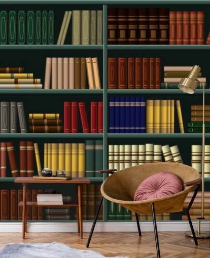 libros amarillos, rojos y verdes sobre papel tapiz verde