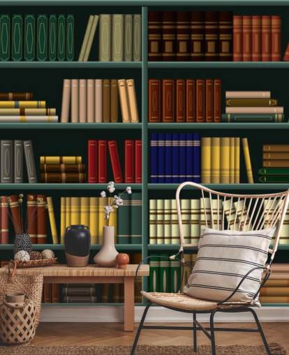 libri gialli, rossi e verdi su carta da parati verde