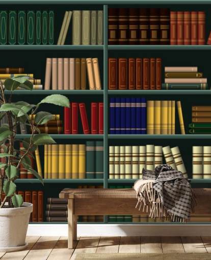 livros amarelos, vermelhos e verdes no papel de parede de prateleira verde