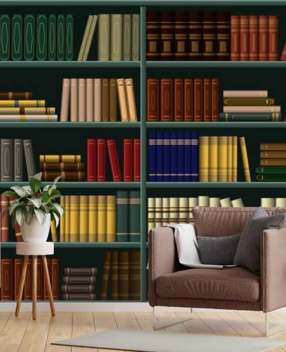 gele, rode en groene boeken op groen plankbehang gele, rode en groene boeken op groen plankbehang