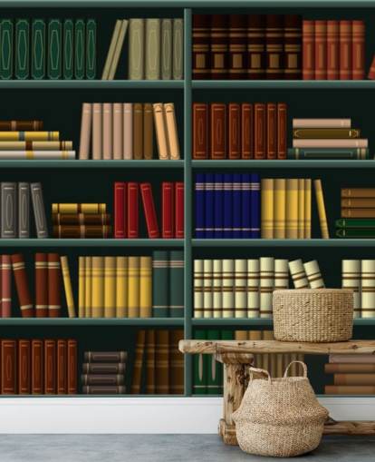 gele, rode en groene boeken op groen plankbehang