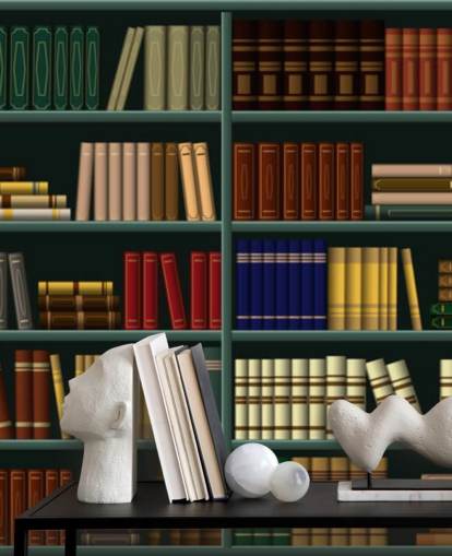 gelbe, rote und grüne Bücher auf grüner Regaltapete