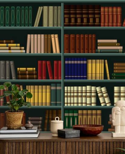 yellow, red and green books on green shelf wallpaper