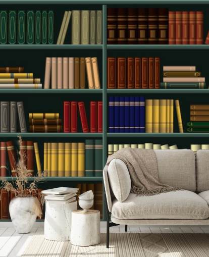 yellow, red and green books on green shelf wallpaper